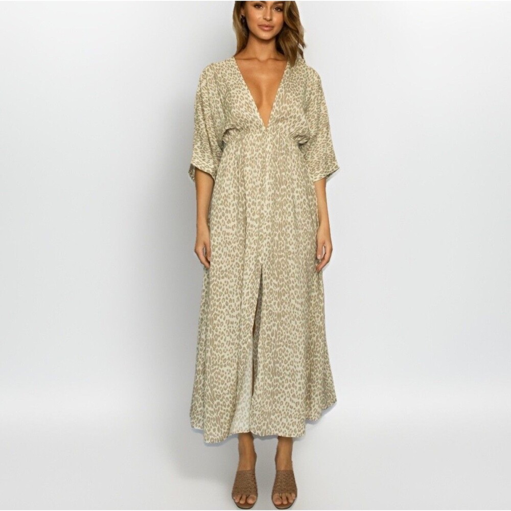 Girl and The Sun Verity Maxi Dress Deep VNeck Cream Muted Leopard Euro Trip Sz M - Picture 7 of 16